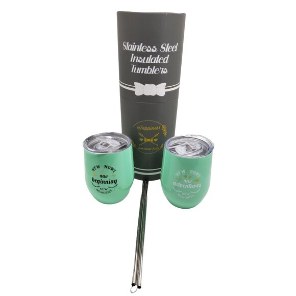 new home wine tumblers set of 2 green stainless steel tumblers with straws house - Picture 1 of 4